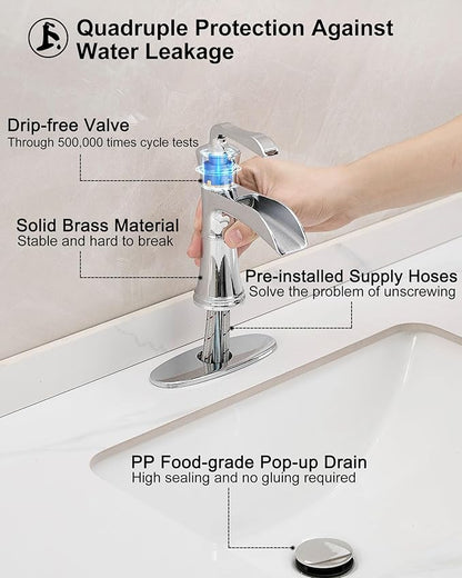Brass Chrome Bathroom Faucet Single Handle, Bathroom Faucets One Hole, 4 Inch Waterfall Faucet for Bathroom Sink 3 Hole with Deck Plate, Pop-up Drain and Supply Hoses