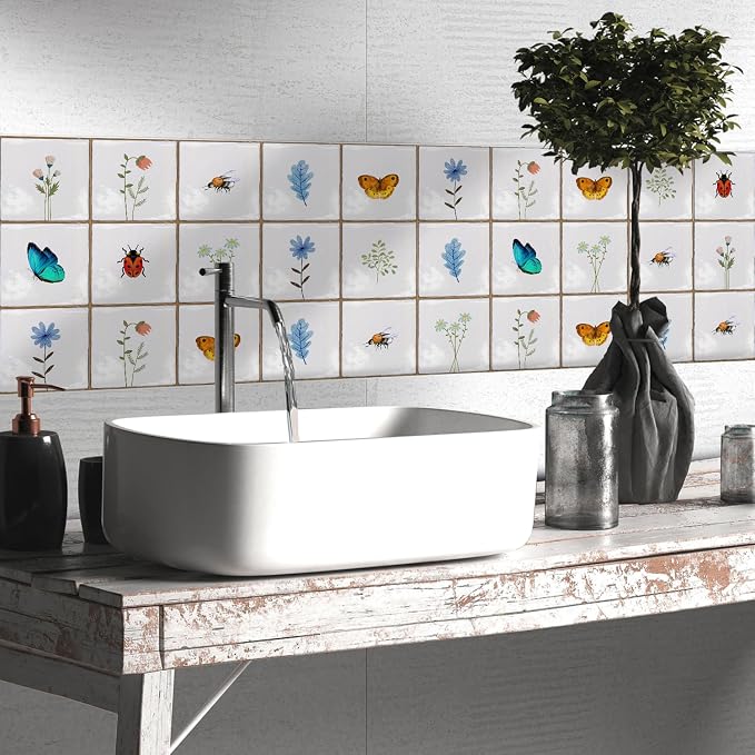 Alwayspon Vinyl Sticker Peel and Stick, Self-Adhesive Wall Tile Transfers Backsplash Sticker Decal for Kitchen Bathroom, 6x6inch/15x15cm 10Pcs, Insects and Plants T037