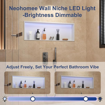RGB LED Light Shower Niche, White 36X12 in Stainless Steel Built-in Storage with Remote Control, Waterproof No Tile Needed Wall Niche for Bathroom Storage Built-in Installation