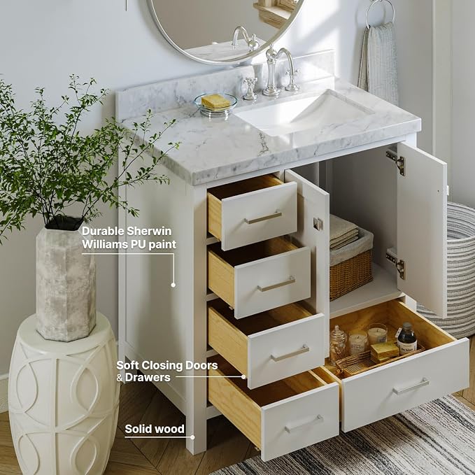 ARIEL Cambridge 36-inch Bathroom Vanity with Sink,Solid Wood, 2-inch Italian Carrara Marble Countertop, Single Rectangular Porcelain Sink, 2 Soft Closing Doors, 5 Dovetail Drawers, White
