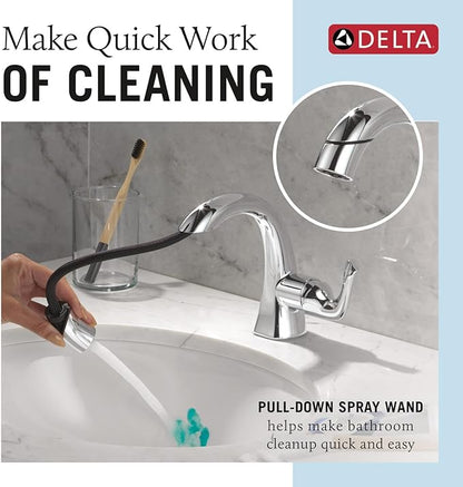 Delta Arvo 1 Hole Pull Down Bathroom Faucet with Sprayer, Chrome Single Hole Bathroom Sink Faucet with Pull Out Sprayer for Vanity, Metal Push-Pop Drain, Chrome 15840LF-PD