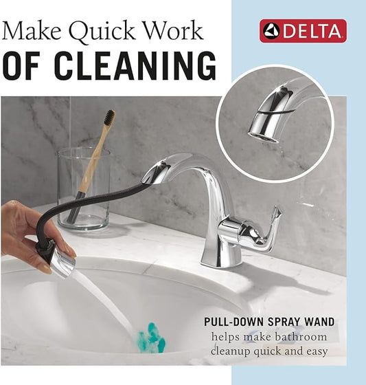 Delta Arvo 1 Hole Pull Down Bathroom Faucet with Sprayer, Chrome Single Hole Bathroom Sink Faucet with Pull Out Sprayer for Vanity, Metal Push-Pop Drain, Chrome 15840LF-PD
