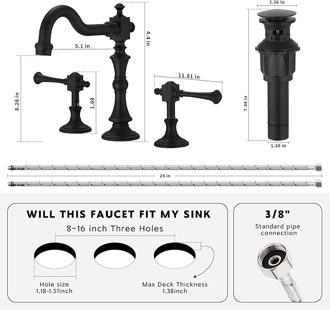 BWE Black Widespread Faucet for Bathroom Sink 3 Hole 8 Inch Widespread Bathroom Faucet with Pop-up Drain Assembly 2-Handle Vanity Faucet with Supply Lines Solid Brass Matte
