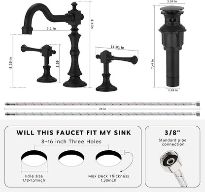 BWE Black Widespread Faucet for Bathroom Sink 3 Hole 8 Inch Widespread Bathroom Faucet with Pop-up Drain Assembly 2-Handle Vanity Faucet with Supply Lines Solid Brass Matte