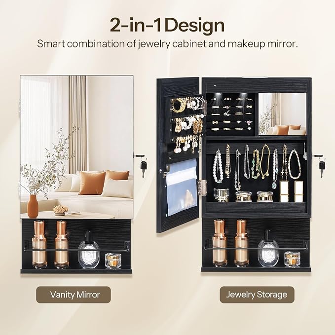 HOOBRO Wall Mounted Jewelry Cabinet, LED Jewelry Armoire with Interior Mirror, Hanging Jewelry Organizer for Wall, Lockable Jewelry Storage Cabinet, 3.9 x 11.8 x 20.9 Inches, Black