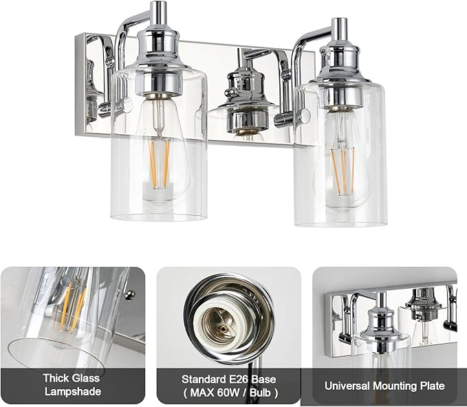 2-Light Bathroom Light Fixtures Modern Chrome Vanity Lights for Bathroom Lighting Fixtures Over Mirror for Cabinet Mirror Bedroom Hallway