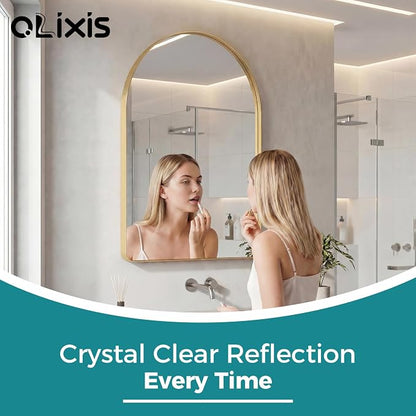 OLIXIS 30x20 Inch Arched Bathroom Wall Mirror, Rounded Rectangle, Gold | Modern Wall Mount Vanity Mirror for Over Sink with Matte Metal Deep Framed, for Home Decor, Living Room