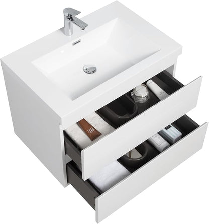 30 Inch Floating Bathroom Vanity with Sink, Large Storage Wall Mounted Floating Vanity with Soft Close Drawers, One-Piece Basin Bathroom Sink Cabinet (Glossy White, 30 Inch)