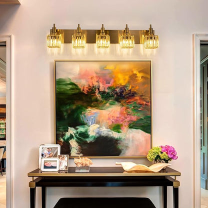 Gold Bathroom Vanity Lights, 5 Lights Crystal Bathroom Lighting Fixtures Over Mirror Modern Gold Crystal Wall Light