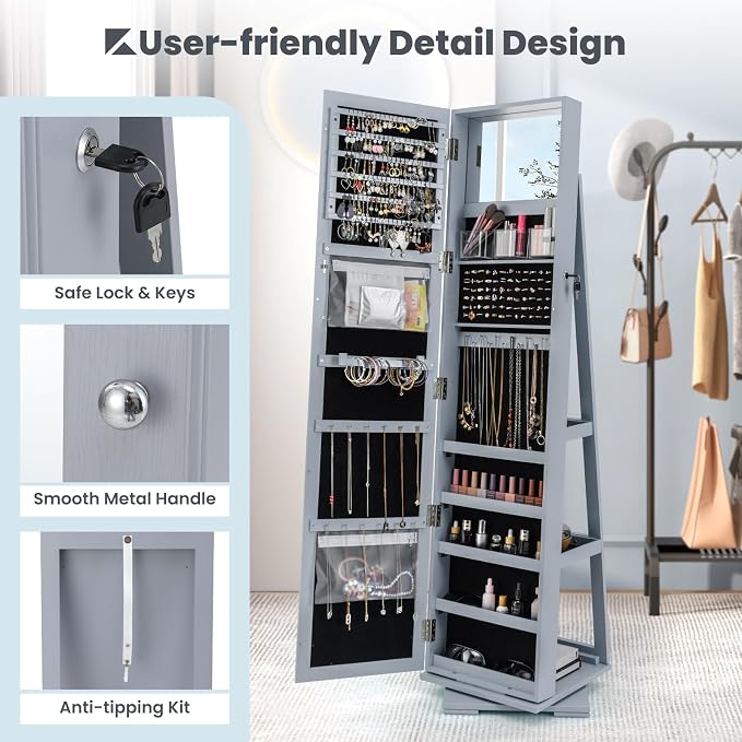 CHARMAID 360° Swivel Jewelry Armoire with Full Length Mirror, Standing Lockable Jewelry Cabinet Organizer, Large Storage Capacity, Inside Makeup Mirror, Back Storage Shelves (Gray)