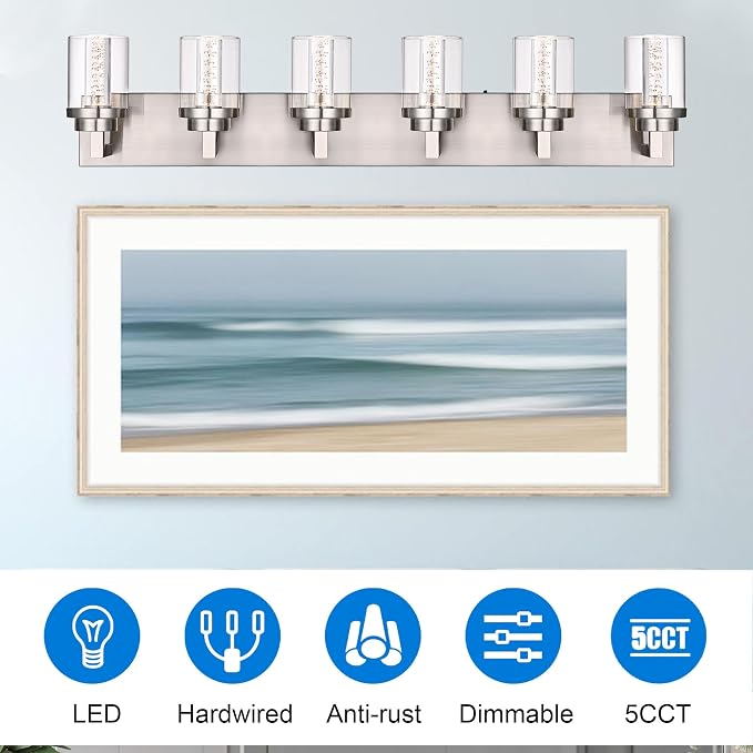 MELUCEE 6-Light LED Bathroom Light Fixtures Brushed Nickel 3000K-6000K | Dimmable Bubble Crystal Vanity Lights with Clear Glass, 5CCT Wall Sconce Lamp for Bathroom Restroom, Built-In Led Chips