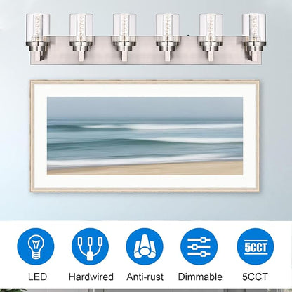 MELUCEE 6-Light LED Bathroom Light Fixtures Brushed Nickel 3000K-6000K | Dimmable Bubble Crystal Vanity Lights with Clear Glass, 5CCT Wall Sconce Lamp for Bathroom Restroom, Built-In Led Chips