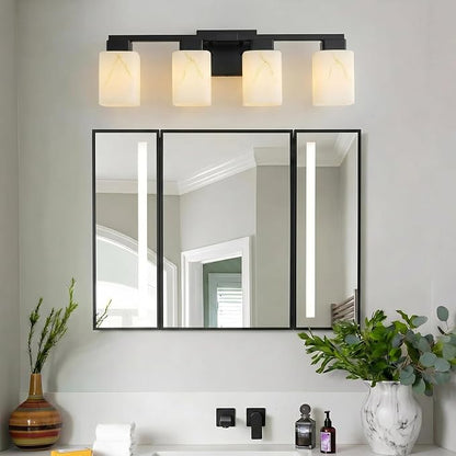 4-Light Square Bathroom Light Fixture, Black Modern Vanity Light with White Marble Glass Shade, for Bathroom Mirror, Living Room, Bedroom, Hallway, E26 Base