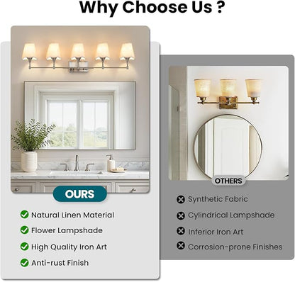 Brushed Nickel Bathroom Vanity Light: 5 Light Vanity Lighting Fixtures with Flared Fabric Shade, Modern Bathroom Lighting Fixtures over Mirror, Wall Sconce Lights for Bedroom Hallway Living Room