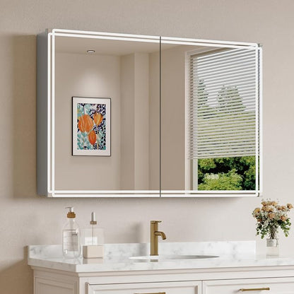 Buruis 36'' x 32'' Medicine Cabinet with Lights and Mirrors, Recessed or Wall Mounted Modern Bathroom Cabinet with 3-Mode Light, Anti-Fog, Dimmable, Memory Function, Outlet, Silver