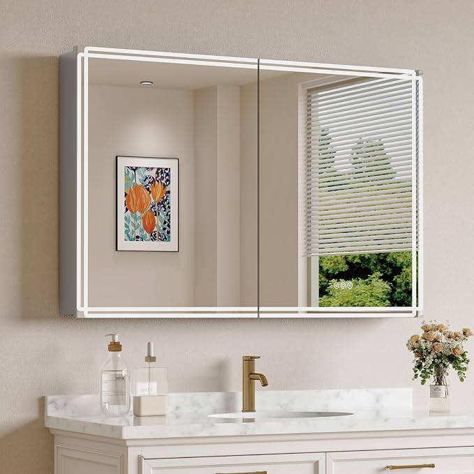 Buruis 48'' x 32'' Medicine Cabinet with Lights and Mirrors, Recessed or Wall Mounted Modern Bathroom Cabinet with 3-Mode Light, Anti-Fog, Dimmable, Memory Function, Outlet, Silver