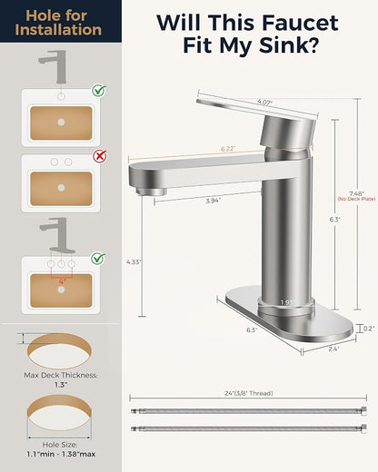 FORIOUS Bathroom Faucet 1 Hole, Single Handle Vanity Faucet Brushed Nickel | Bathroom Sink Faucet with Deck Plate, Fits 1 Hole and 4-Inch 3 Hole Install, for RV Vanity Lavatory Restroom Camper