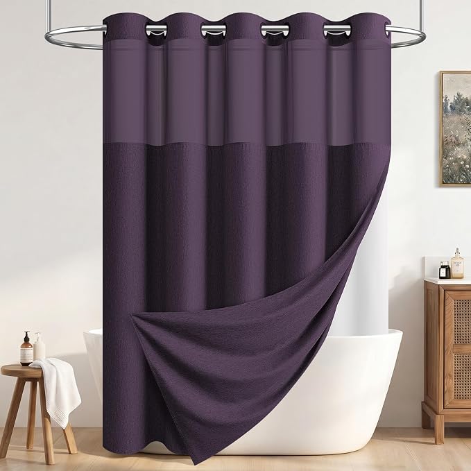 Purple Ringless Linen Textured Shower Curtain with Snap in Liner 72x75 | 3 in 1 Hotel Shower Curtain Set, Removable Liner, Waterproof & Washable, Mesh Top Window, Durable Fabric, Easy to Install