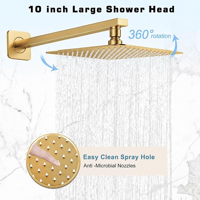 10 Inch Shower Faucet Set,Brushed Gold Shower System With Handheld | Square Shower Head with Shower Trim Kit And Handheld Shower Valve,Multi-function Rainfall,Rain Shower & Handheld Spray Combo