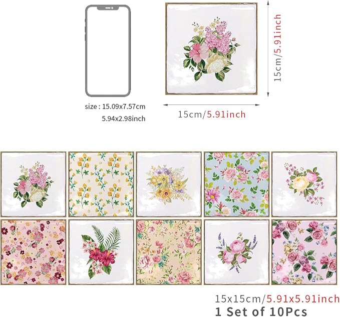 Alwayspon Vinyl Sticker Peel and Stick, Self-Adhesive Wall Tile Transfers Backsplash Sticker Decal for Kitchen Bathroom, 6x6inch/15x15cm 10Pcs, Floral Painting T038