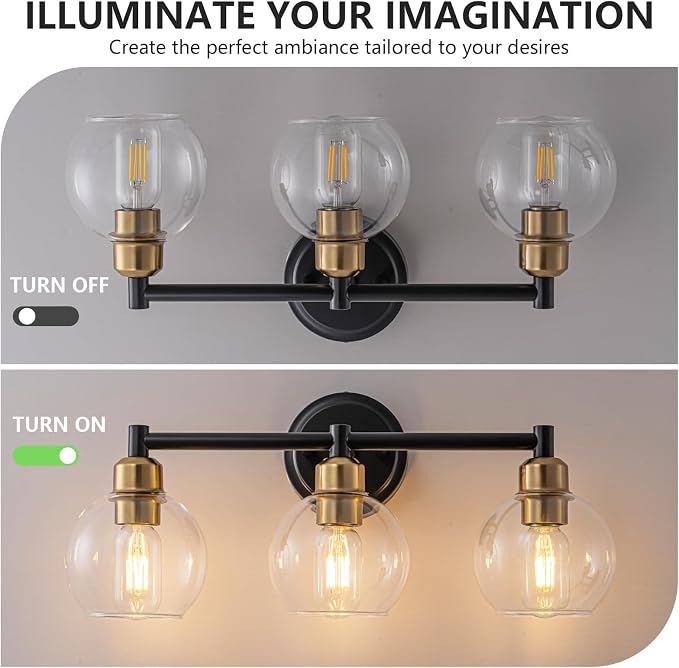Bathroom Light Fixtures,3-Light Modern Bathroom Vanity Light,Black and Gold Wall Sconce with Clear Glass Globe Shades,Adjustable Brightness Wall Lights for Kitchen,Bedroom,Hallway,Living Room