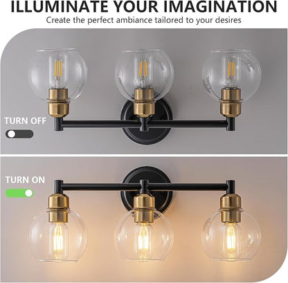Bathroom Light Fixtures,3-Light Modern Bathroom Vanity Light,Black and Gold Wall Sconce with Clear Glass Globe Shades,Adjustable Brightness Wall Lights for Kitchen,Bedroom,Hallway,Living Room