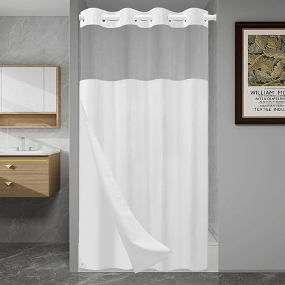 SORTTO No Hook Shower Curtain with Snap in Liner Set Waffle Shower Curtain for Bathroom Hotel Style Fabric Waterproof Inner Liner，60" W x 74" H, White