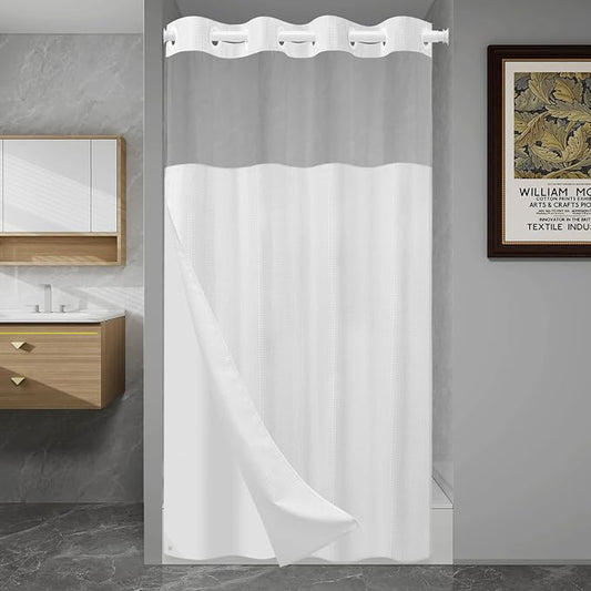 SORTTO No Hook Shower Curtain with Snap in Liner Set Waffle Shower Curtain for Bathroom Hotel Style Fabric Waterproof Inner Liner，36" W x 74" H, White