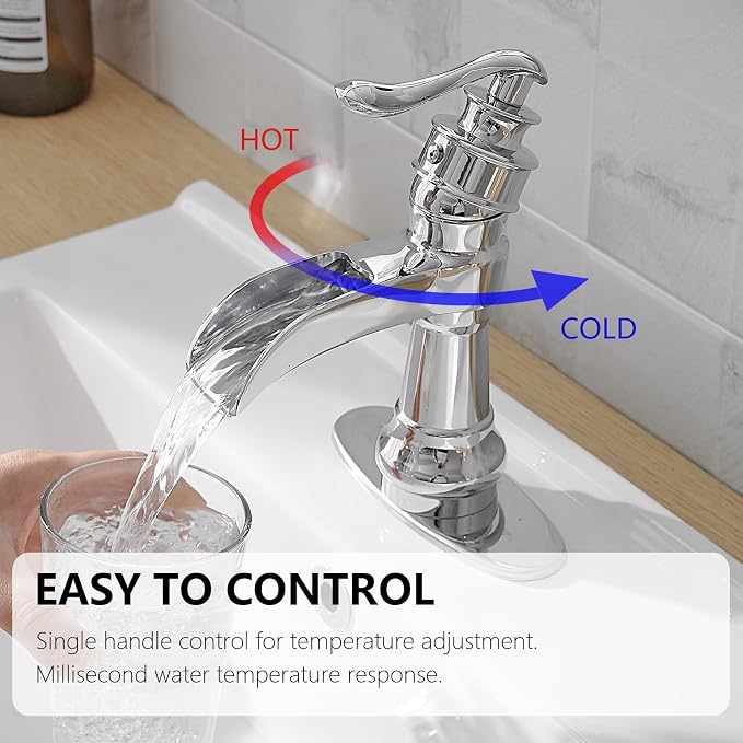Bathroom Faucet Waterfall Chrome Single Handle Single Hole | Pop Up Drain,Easy to Clean,Stable Installation,Suitable for bathrooms, balconies and laundry room,Elegant Minimalist Style
