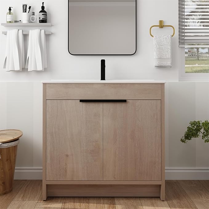 SSLine 36-Inch Bathroom Vanity with Sink Mid-Century Bathroom Vanities with Top Basin Floor Wood Bathroom Sink Cabinet with Soft-Close Doors & Adjustable Storage Shelves (Light Oak)
