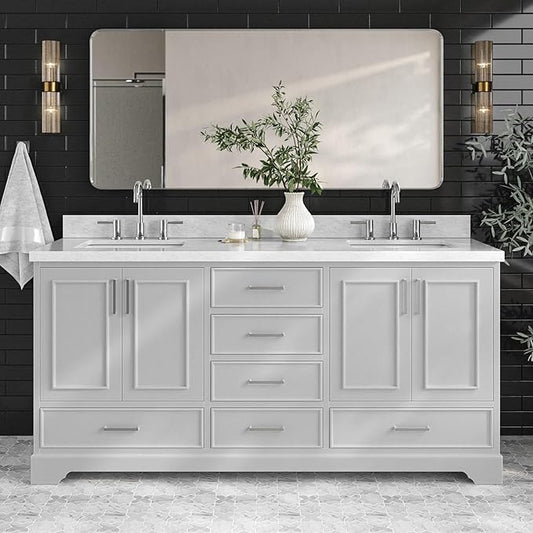 ARIEL Stafford 72-inch Bathroom Vanity with Sink,Solid Wood, 1.5-inch Italian Carrara Marble Countertop, Double Rectangular Porcelain Sink, 4 Soft Closing Doors, 6 Dovetail Drawers, Grey
