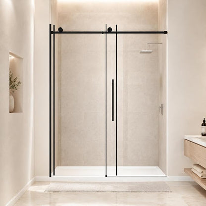 60 x 73 Inch Frameless Single Sliding Shower Door with Nano Coating | Bypass Glass Shower Door with 5/16" SGCC Tempered Glass & Explosion-Proof Film, Water Repellent, Matte Black