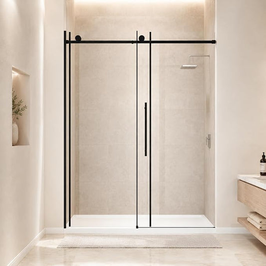 60 x 73 Inch Frameless Single Sliding Shower Door with Nano Coating | Bypass Glass Shower Door with 5/16" SGCC Tempered Glass & Explosion-Proof Film, Water Repellent, Matte Black