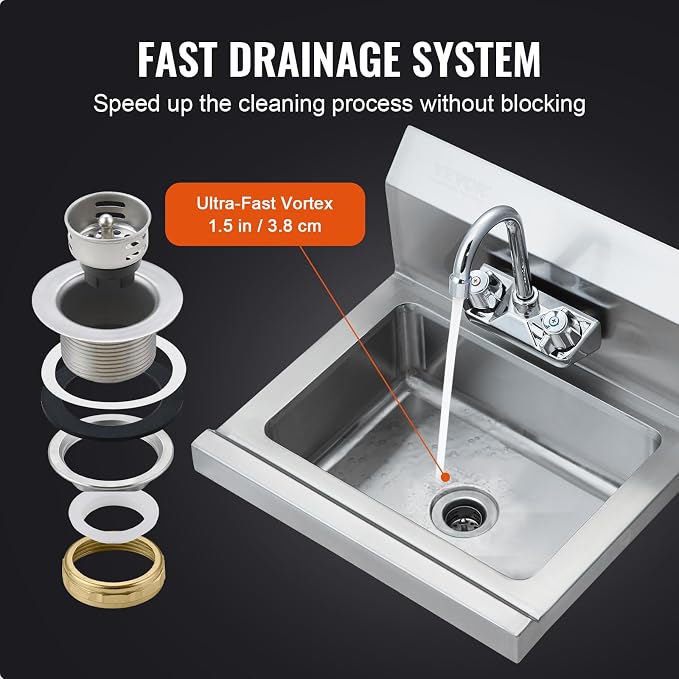 VEVOR Commercial Hand Sink with Faucet, Stainless Steel Sink for Washing, Small Washing Sinks, Wall Mount Hand Basin, Utility Sink for Restaurant, Kitchen, Bar, Garage and Home, 17 x 15 inch