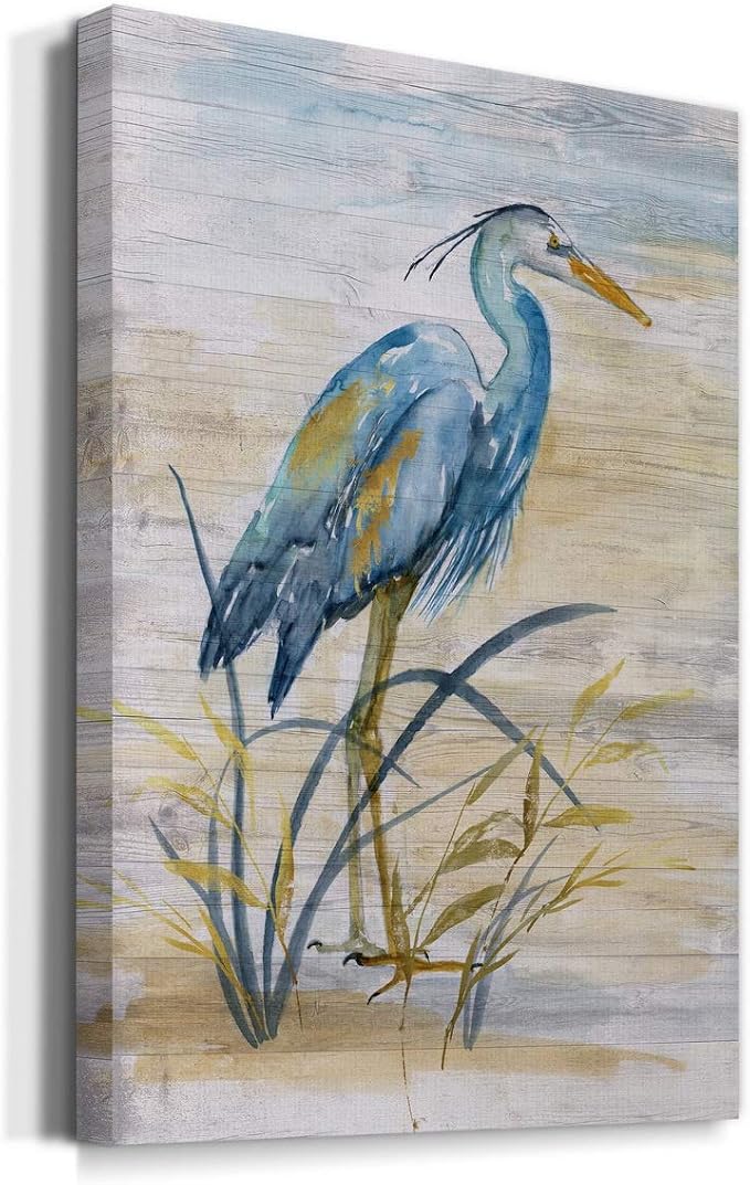 Renditions Gallery Canvas Animal Wall Art Modern Paintings & Prints Decorations Blue Resting Heron Abstract Nature Wall Hanging Artwork for Bedroom Living Room Office Kitchen - 24"x36" LT02
