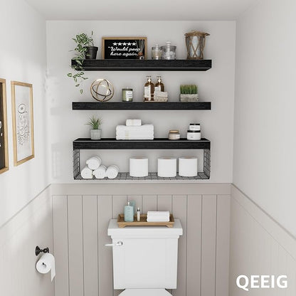 QEEIG Bathroom Shelves 24 inches Long - Floating Shelf for Wall Over Toilet Paper Storage Basket Farmhouse Set of 3, Black (019-60B3)