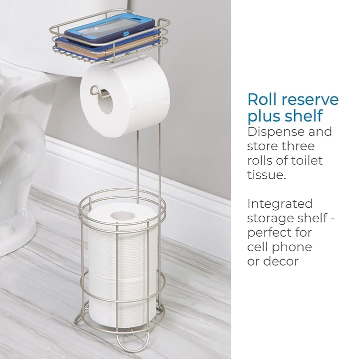 iDesign Weston Toilet Paper Holder Stand with Shelf, Satin