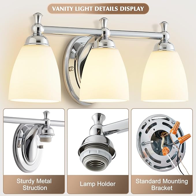 Bathroom Light Fixtures, 3 Light Bathroom Lighting Fixtures Over Mirror Wall Mounted Lighting Chrome Vanity Light for Living Room Cabinet