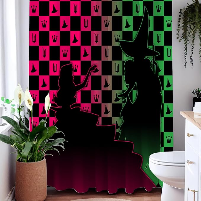 Pink Green Witchy Checkered Magic Hat Crown Shower Curtain Set 72x72 Inches | Pink Green Witchy Magic Hat Crown Checkered Print, Tv Show Home Guest Housewarming Fantasy Fan Bathroom Decor, With Hooks