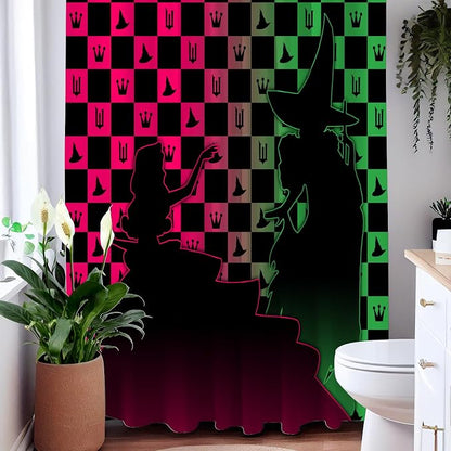 Pink Green Witchy Checkered Magic Hat Crown Shower Curtain Set 72x72 Inches | Pink Green Witchy Magic Hat Crown Checkered Print, Tv Show Home Guest Housewarming Fantasy Fan Bathroom Decor, With Hooks