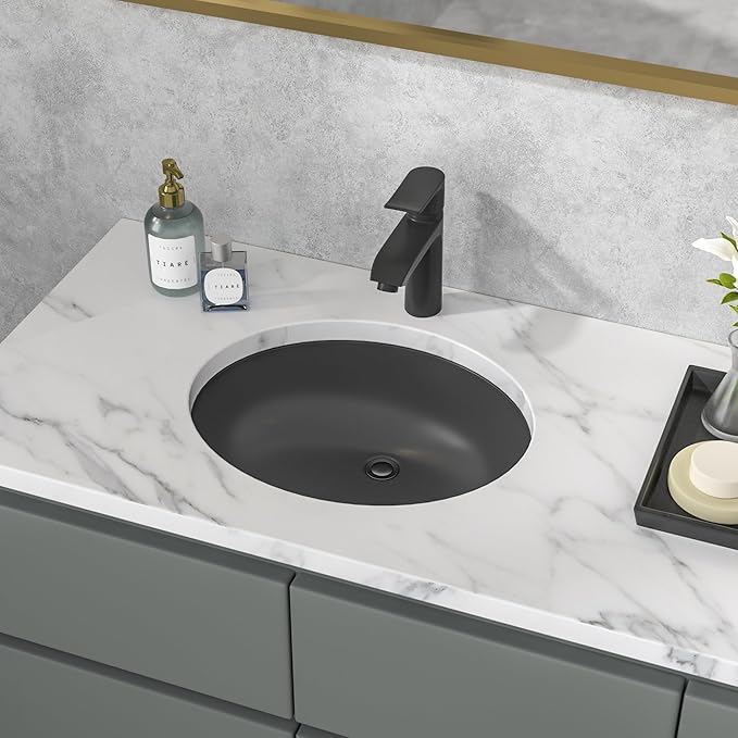 Sarlai Black Undermount Bathroom Sink - 19 x16 inch Oval Vessel Sink Under counter Lavatory Black Ceramic Vanity Sink with Overflow, Modern Art Basin, Interior Size 17-2/5" x 14-1/9"
