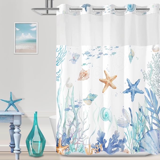 No Hook Shower Curtain and Liner Set, Watercolor Blue Beach Coastal 71x84 | Nautical Ocean for Bathroom, with Snap in Liner Replacement, Mesh Top Window, Waterproof, Machine Washable, Quick-Drying
