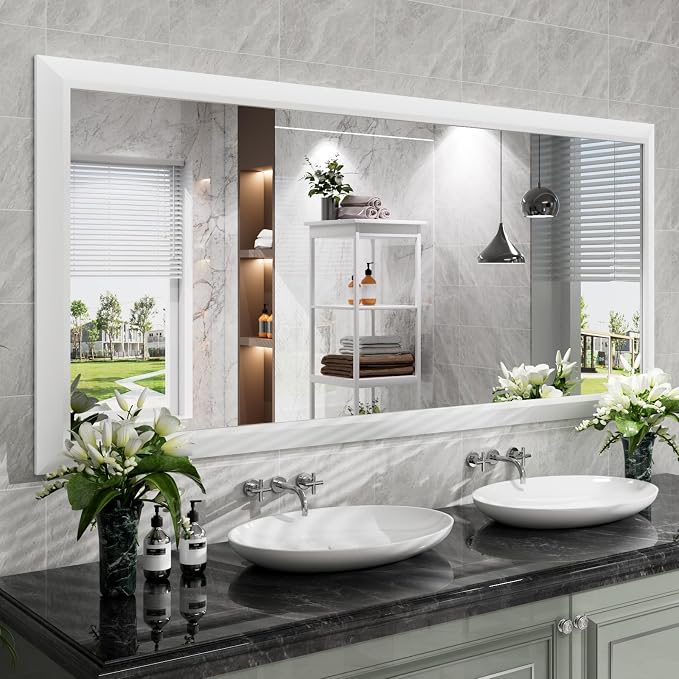 Bathroom Mirror for Wall, 72x32 Inch (White) | HD Reflection, Tempered Glass, Thick Metal Framed Rectangle Mirrors for Over Sink, Vanity, Bedroom, Living Room, Entryway