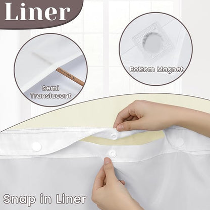SORTTO No Hook Slub Shower Curtain with Liner, 71x74, Sand | Snap in Liner, 3 in 1, Bamboo Texture, Hotel Style, Waterproof Fabric, Mesh Top Window, Corner Magnets, Machine Washable