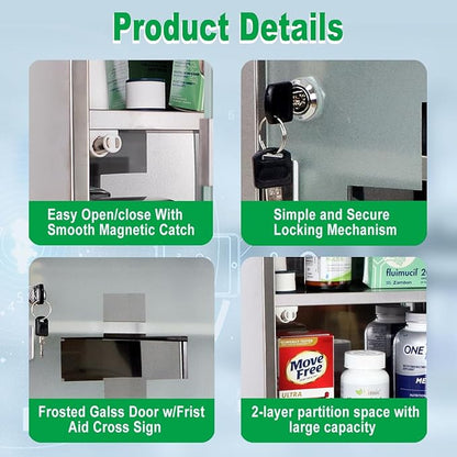 Locking Stainless Steel Medicine Cabinet, 2 Tier Wall Mounted Storage Cabinet, Durable Stainless Steel, Surface or Flush Mount, Ideal for Home, Office or First Aid, 11.8 in. x 4.7 in. x 11.8 in