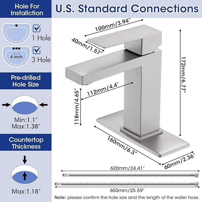 Brushed Nickel Bathroom Faucet, Stainless Steel Vanity Bathroom Sink Faucet with Pop Up Drain Stopper and Water Hoses, Easy to Install Bathroom Faucet 1 Hole for Bathroom Sink, Vanity, RV
