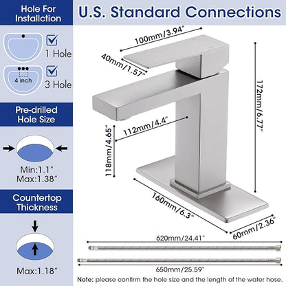 Brushed Nickel Bathroom Faucet, Stainless Steel Vanity Bathroom Sink Faucet with Pop Up Drain Stopper and Water Hoses, Easy to Install Bathroom Faucet 1 Hole for Bathroom Sink, Vanity, RV