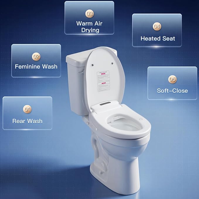 KERDE 08 Bidet Toilet Seat, White, Endless Warm Water, Rear and Front Wash, LED Light, Quiet Operation, Wireless Remote,1-click control Elongated,Bidets for Existing Toilets Smart