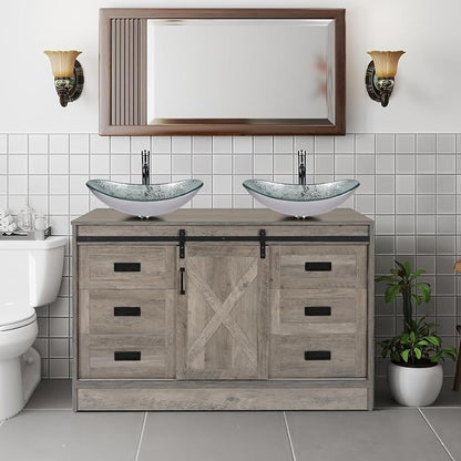 48" Barn Door Bathroom Vanity with 6 Drawers, Farmhouse Style Standing Pedestal Cabinet with Two Silver Boat Glass Vessel Sinks