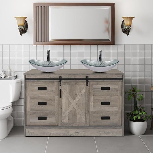 48" Barn Door Bathroom Vanity with 6 Drawers, Farmhouse Style Standing Pedestal Cabinet with Two Silver Boat Glass Vessel Sinks